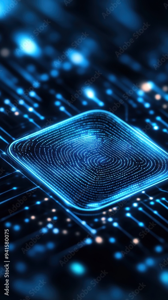 Poster a close-up of a digital fingerprint on a circuit board with glowing blue lights, symbolizing securit