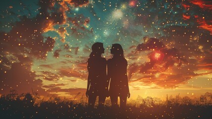 Two Friends Enjoying a Magical Sunset on Friendship Day with Sparkling Lights and a Dreamy Sky