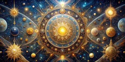 Fototapeta premium Celestial Tapestry: Interstellar golds, cosmic patterns, astral bodies, ethereal landscapes, celestial wonders