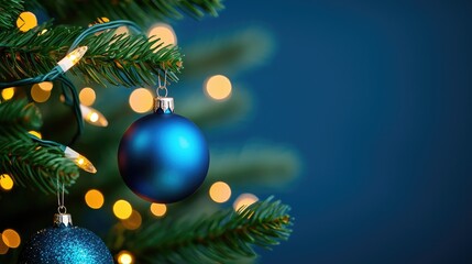 A close-up of a blue Christmas ornament hanging on a pine tree with blurred warm lights creating a festive atmosphere.
