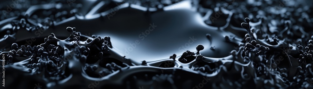 Poster a close-up view of dark liquid with smooth ripples, showcasing intricate textures and reflections in
