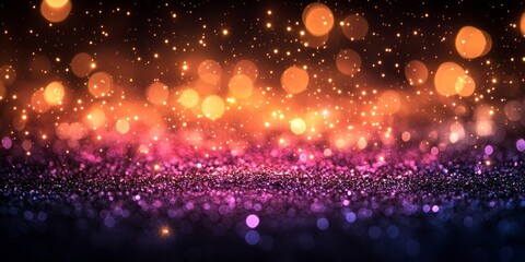 Glittering Celebration: Golden and Purple Abstract Confetti Bokeh Background. Elegant Festive Design for New Year's Eve, National Day, and 2025 Celebrations. Luxurious Minimalist Template for Marketin