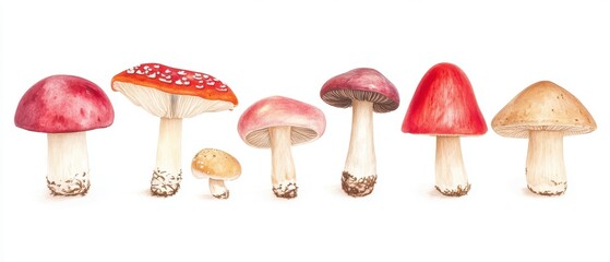 A collection of colorful mushrooms displaying various shapes and sizes, perfect for nature-themed projects and culinary purposes.