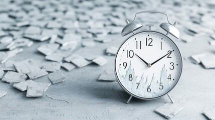 A close-up of a vintage alarm clock placed on a textured surface surrounded by scattered papers, symbolizing the passage of time.