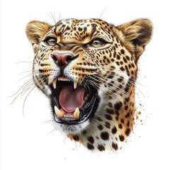 A fierce leopard roaring, showcasing its vibrant spots and intense expression, capturing the power of nature's wild beauty.