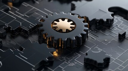 Abstract global economy, gears and symbols in strategic alignment, 3D illustration, copy space for text