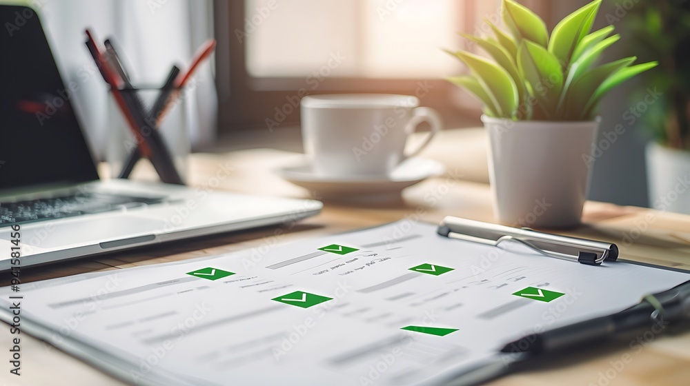 Poster closeup of business objectives document with completed goals and green check marks