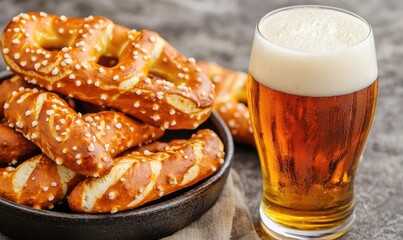 A delicious combination of golden beer and freshly baked pretzels, perfect for snack time or festive gatherings.
