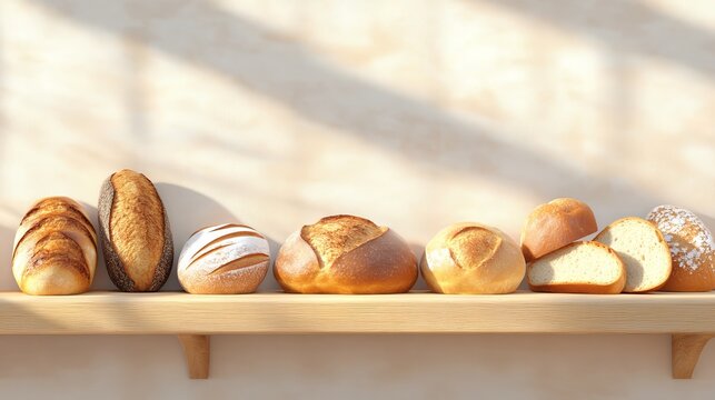 Bakery showcase with artisanal bread, inviting warm tones, 3D illustration