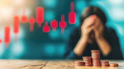 A distressed individual facing financial difficulties, surrounded by coins and a declining graph representing economic struggle.