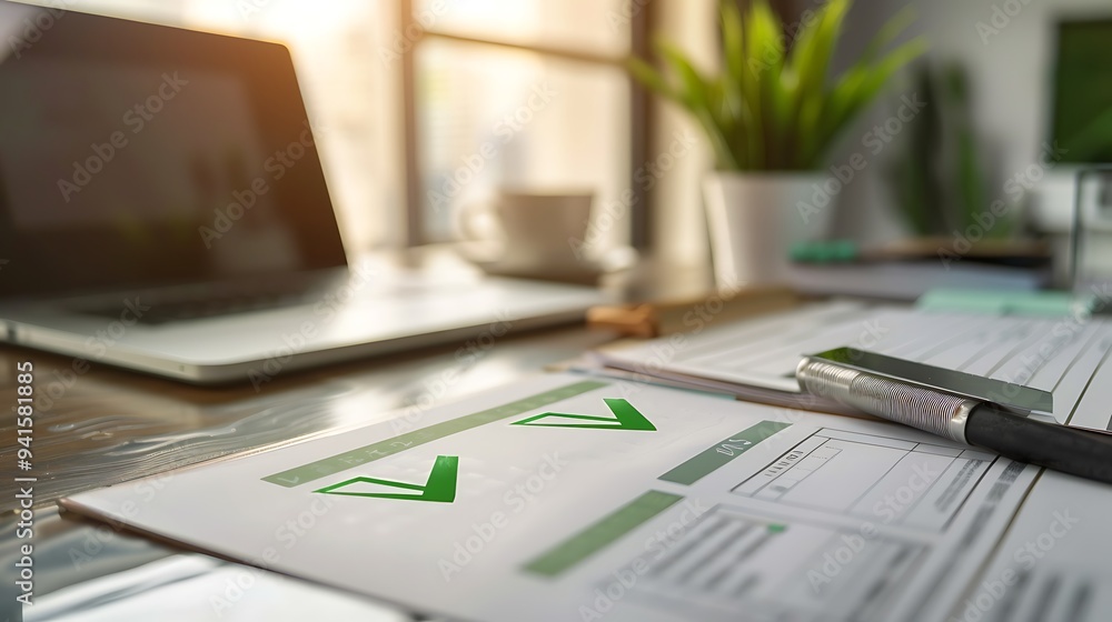 Poster closeup of business objectives document with completed goals and green check marks
