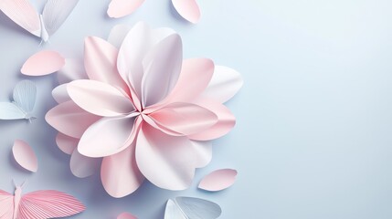 Naklejka premium Blooming flower surrounded by pastel butterfly paper cutouts, soft lighting, symbolizing hope in cancer treatment, 3D illustration, copy space for text