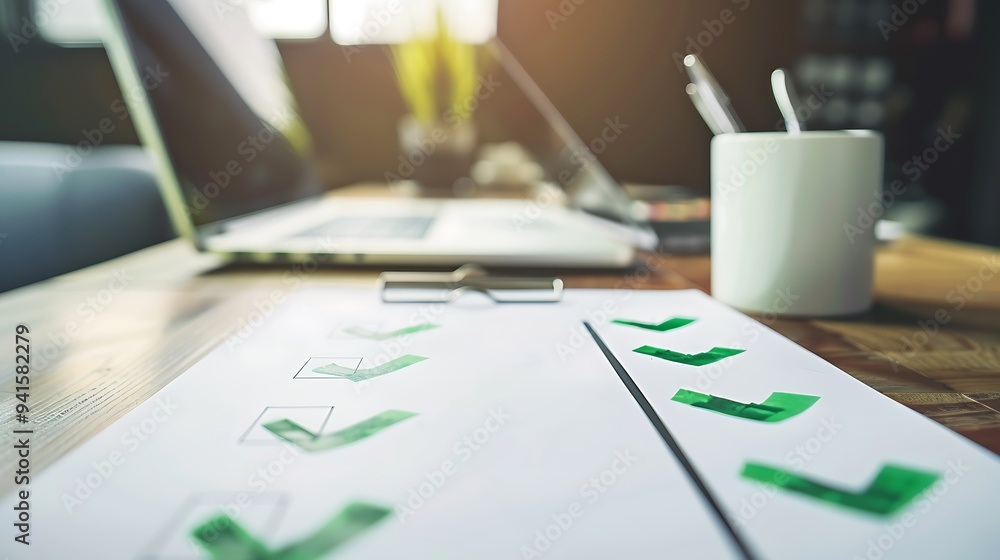 Poster closeup of business objectives document with completed goals and green check marks
