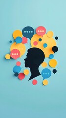 Silhouette of a head surrounded by colorful speech bubbles, symbolizing communication and ideas.