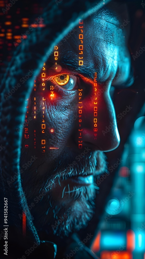 Poster intense cyber hacker breaking into government digital system with futuristic ui