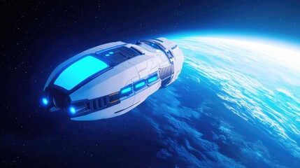 A futuristic spaceship glides over a vibrant blue planet, capturing the essence of space exploration and technology.