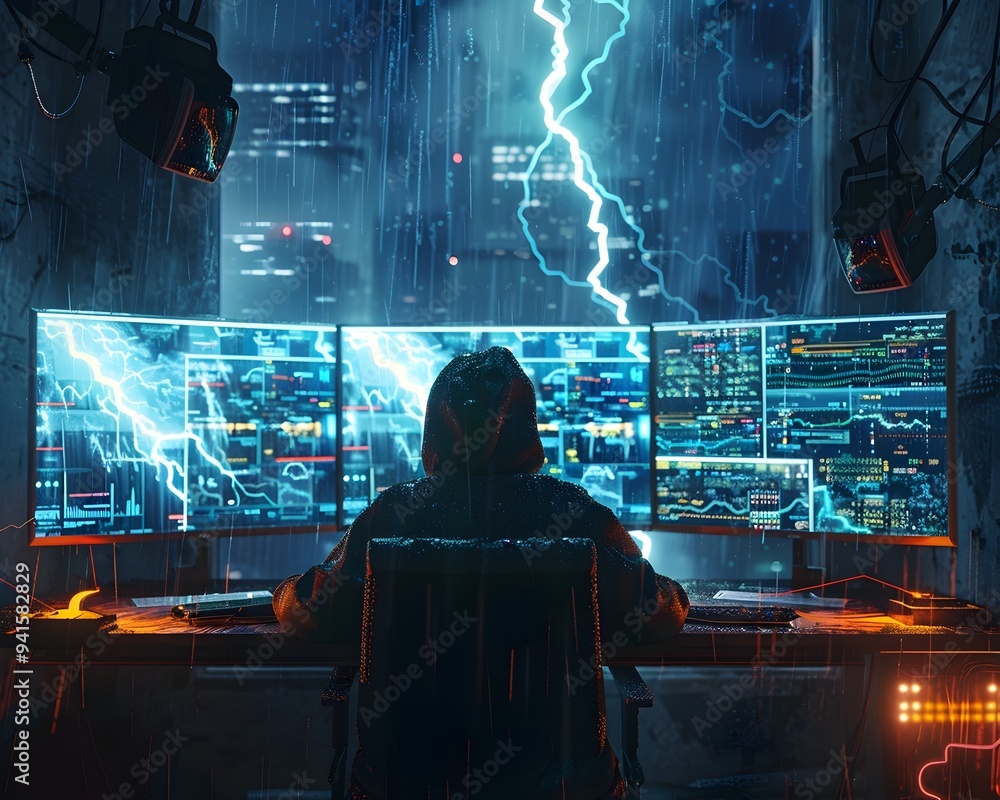 Poster hacker monitoring weather control systems during a stormy night