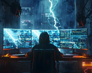Hacker Monitoring Weather Control Systems During a Stormy Night