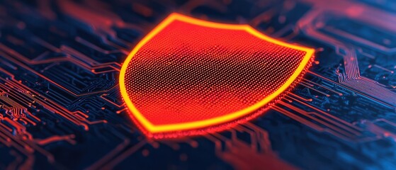 A glowing red shield symbol representing digital security and protection against cyber threats in a technology context.