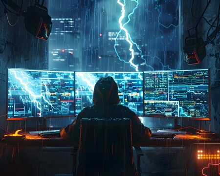 Hacker Monitoring Weather Control Systems During a Stormy Night - Powered by Adobe
