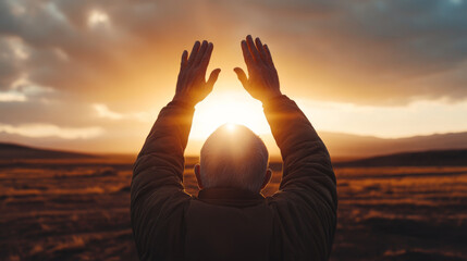 A man is praying in the desert with his hands raised towards the sun