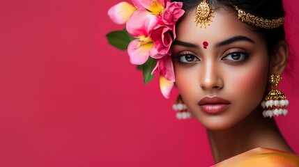 A close-up portrait of a woman adorned with flowers and traditional jewelry against a pink background.