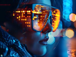 Hacker Wearing Augmented Reality Glasses Overlaying Digital Information on the Real World City at Night