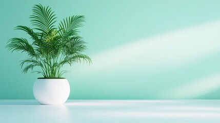 Obraz premium A lush green plant in a sleek white pot against a calming mint backdrop, perfect for home or office decor.