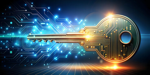 Hovering digital key with glowing circuits on an isolated white background concept as A digital key floating mid air with glowing circuits running through its structure all isolated on a white backgro