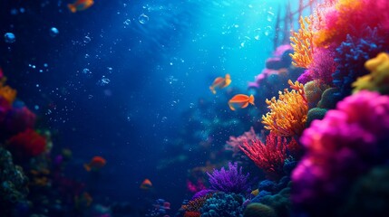 Colorful coral reefs, exotic marine life, sea turtles, and shipwrecks, high-quality underwater scene, 3D illustration, copy space for text