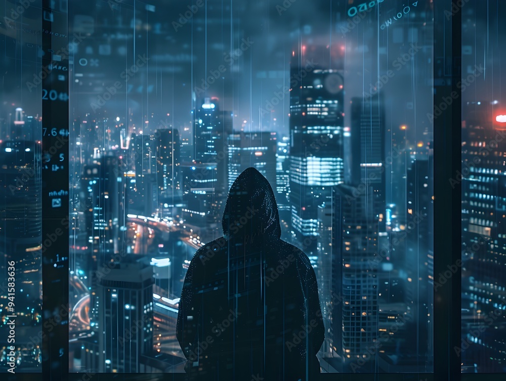 Poster hooded hacker overlooking the glittering cityscape at night high tech penthouse coding backdrop
