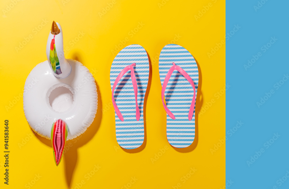 Poster a vibrant summer vacation scene with flip flops and a floating flamingo