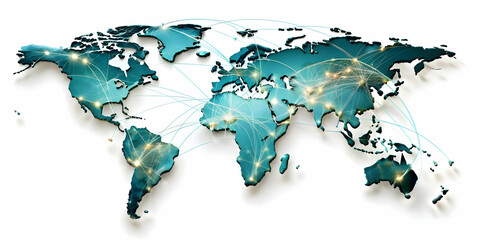 Hovering digital map with connected nodes on an isolated white background concept as A digital map floating mid air with connected nodes glowing softly all isolated against a white background. The map