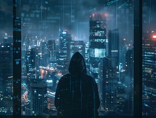 Hooded Hacker Overlooking the Glittering Cityscape at Night High Tech Penthouse Coding Backdrop