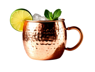 Refreshing Moscow mule cocktails, copper mug with ice, mint, and lime slice isolate on transparent background, cutout, png