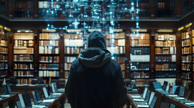Hacker in Tranquil Library Blending Old and New Knowledge