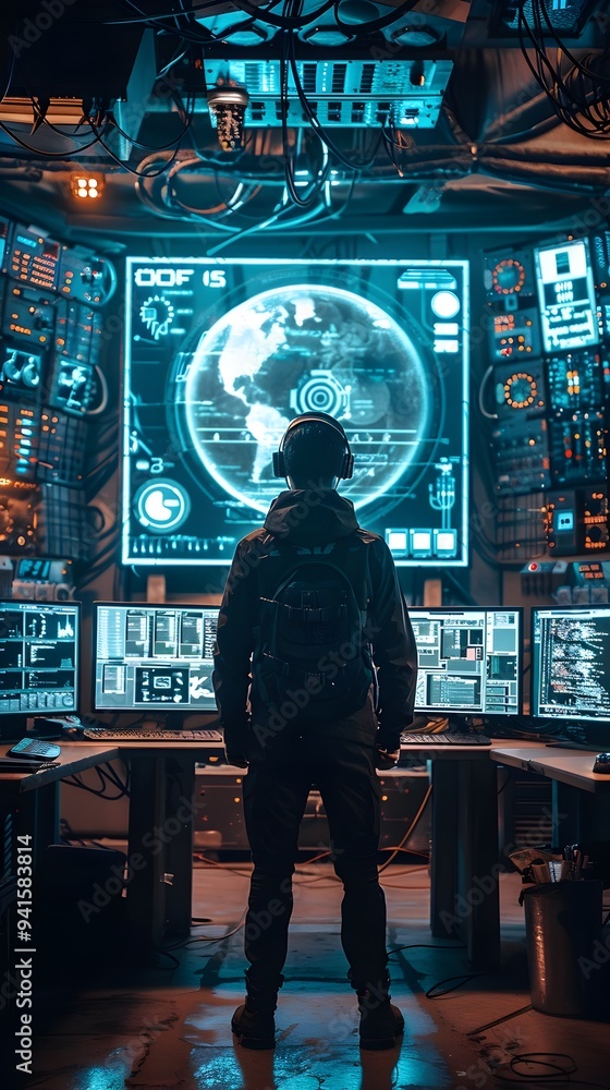 Poster hacker in futuristic underground bunker surrounded by advanced tech and screens cyber security conce