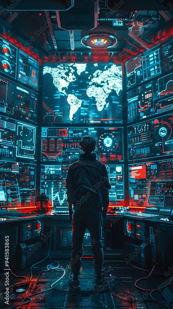 Aufkleber futuristic underground bunker with hacker surrounded by advanced tech and screens