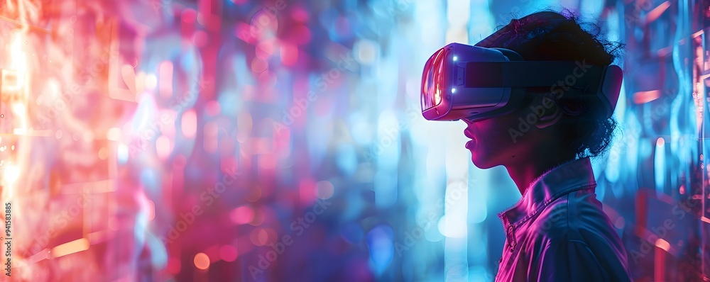 Poster hacker infiltrating virtual reality systems with vibrant neon aesthetics