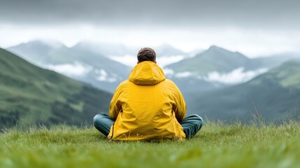 A person in a yellow jacket sits peacefully in a mountainous landscape, embracing nature and tranquility amidst the clouds.