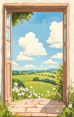 A scenic view showcasing a peaceful landscape of rolling hills and blooming flowers through an open doorway.