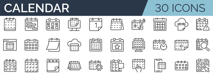 Set of 30 outline icons related to calendar. Linear icon collection. Editable stroke. Vector illustration