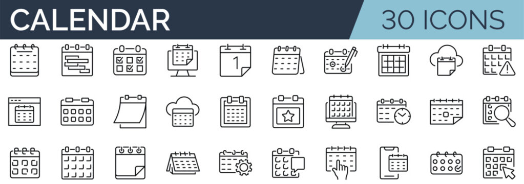 Set of 30 outline icons related to calendar. Linear icon collection. Editable stroke. Vector illustration