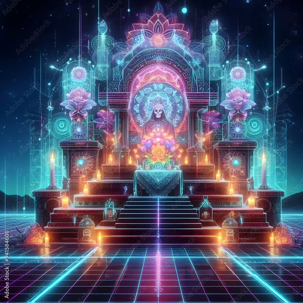 Poster neon altar with digital glowing elements concept as an abstract digital artwork of a traditional dia