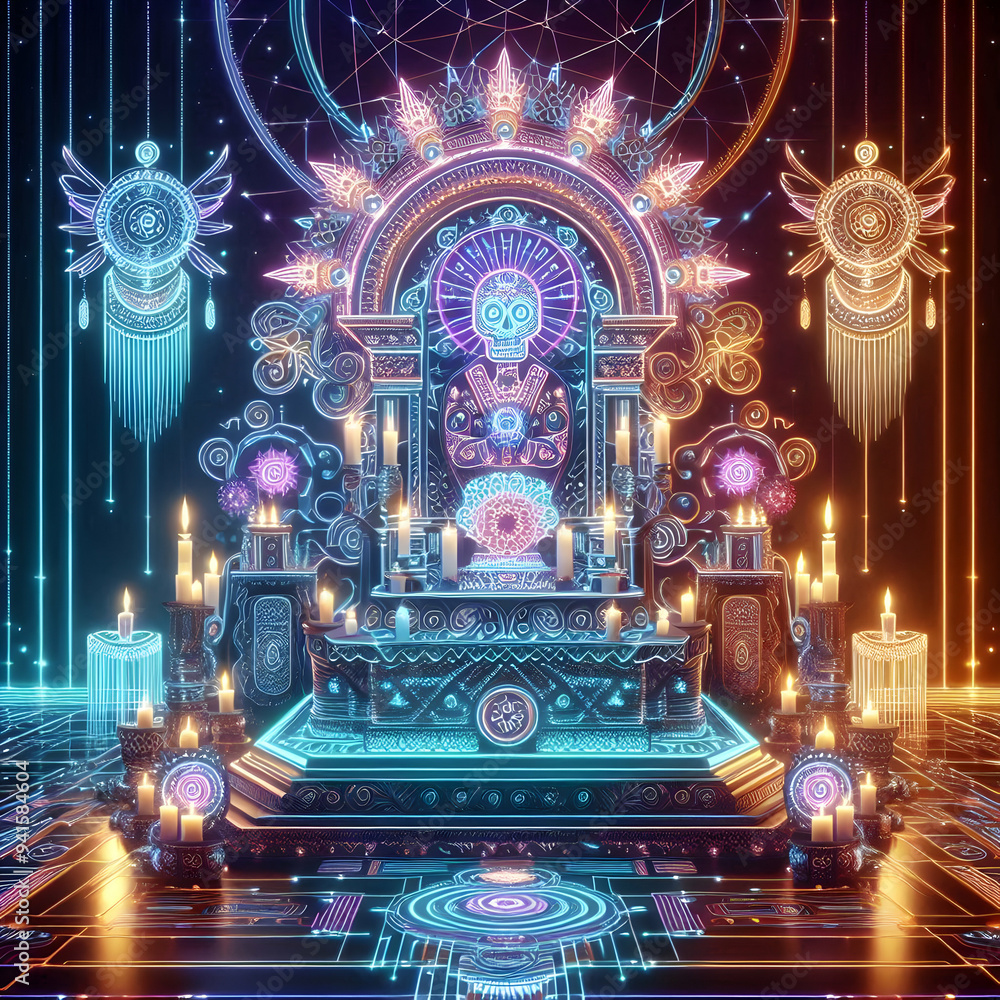 Poster neon altar with digital glowing elements concept as an abstract digital artwork of a traditional dia