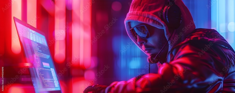 Poster futuristic hacker working in a retro inspired setting with neon lights