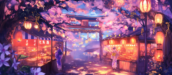 Naklejka premium Anime Cherry Blossom Festival with yukatas, lanterns, and traditional Japanese snack stalls 