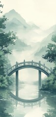 Fototapeta premium A serene landscape featuring a delicate bridge over calm water, surrounded by misty mountains and lush greenery.