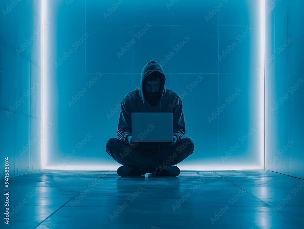 Poster hacker intensely focused on laptop in minimalist digital environment with copy space