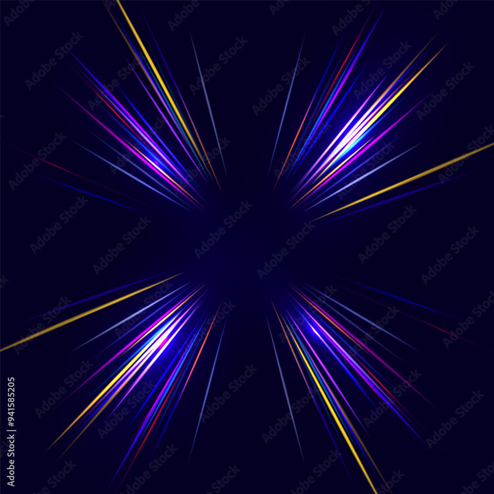 Poster abstract light lines of movement and speed in neon color. speed dynamic background with rectangular 
